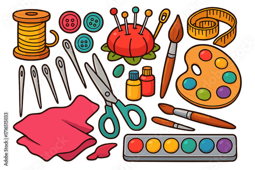 Craft supplies for creative projects. Vector cartoon illustration of sewing and painting tools. Hobby, DIY, art equipment collection. Needlework and drawing items set.