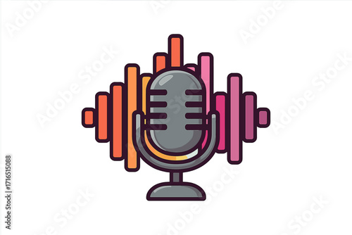 Podcast music wave equalizer logo design. Vector illustration of a retro microphone with audio spectrum analyzer. Radio broadcast, streaming, or recording studio emblem.