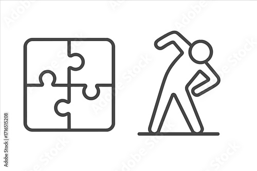 Puzzle and stretching exercise icon set. Jigsaw for strategy, solution, teamwork. Person doing fitness warm-up for health, wellness. Linear vector graphic symbol pack.