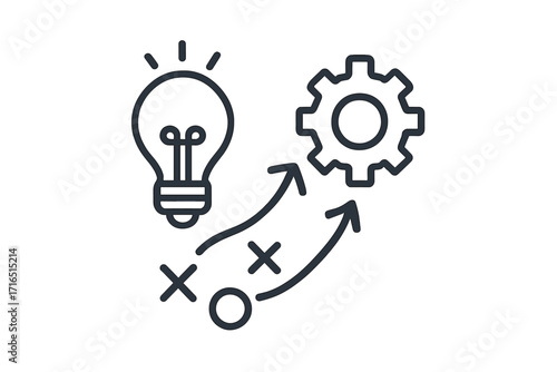 From idea to implementation. Business strategy and project management concept. Innovation, creativity, and development process. Problem solving path from chaos to order. Line icon.