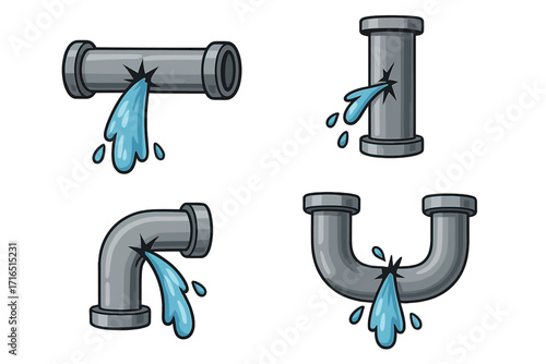 Leaking pipes icon set. Broken plumbing with water leak. Vector cartoon illustration of burst pipeline for water damage concept. Drainage and sewerage problems graphics.
