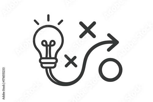 Business strategy from idea to goal. Planning and solution searching concept. Creative thinking and innovation process. Lightbulb icon with a complex path to the target. Problem solving.