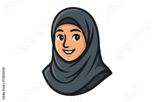 Muslim woman in hijab smiling face vector logo. Cartoon character head for brand mascot. Islamic girl avatar icon. Middle eastern person portrait illustration design.