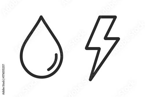 Hydroelectric power icon with water drop and lightning bolt symbol. Green energy concept. Renewable resource illustration. Clean electricity from water vector logo design.