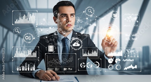 Businessman Interacting with Holographic Data Visualizations in
