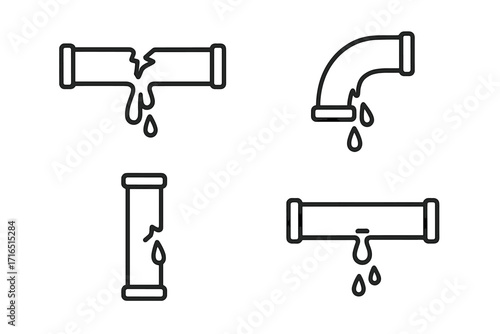 Leaking pipe linear icon set. Broken pipeline, plumbing burst, and water drip symbols. Vector illustration for water damage, repair service, and house maintenance concepts.