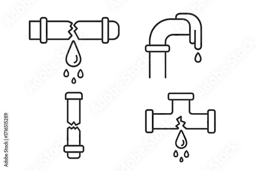 Broken pipe line icon set for plumbing repair service. Water leak and pipeline damage symbol collection. Dripping faucet, burst pipe, and leakage problem vector graphics.