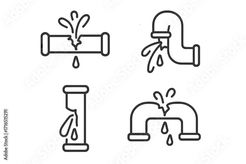 Broken pipe icon set. Water leak, burst pipe, and plumbing damage signs. Vector linear illustration for pipeline repair, emergency service, leakage, and water supply issues.