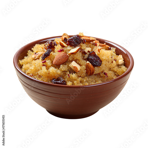 Delicious semolina halva dessert topped with almonds, raisins, and rose petals, perfect for festive occasions and sweet indulgence