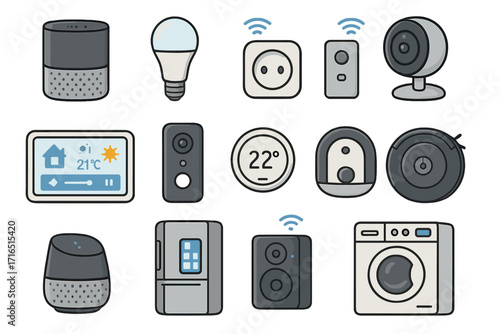 Smart home technology vector icon set. Internet of Things (IoT) devices collection. Home automation system with smart speaker, security camera, lightbulb, robot vacuum cleaner.