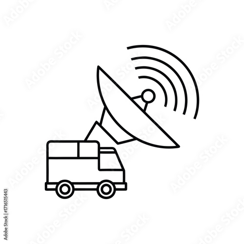 Satellite dish with signal waves pointing to a moving truck