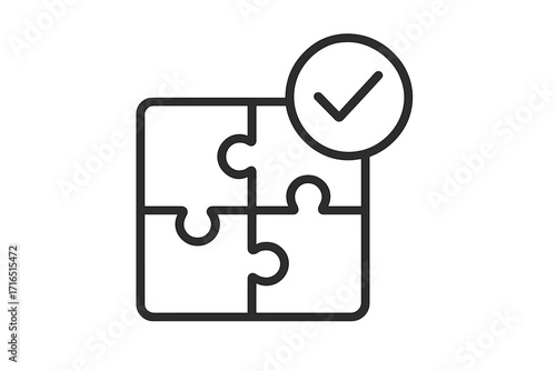 Puzzle solution check mark icon. Concept of problem solving, success, completion. Jigsaw pieces connected, symbolizing teamwork, strategy, and achievement. Business solution.