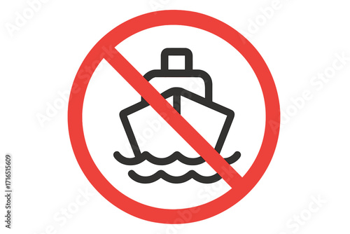 No ships sign. No boating icon. Water transport prohibited symbol. Forbidden boat traffic warning sign for sea. Vector outline illustration for web, apps, and print design.