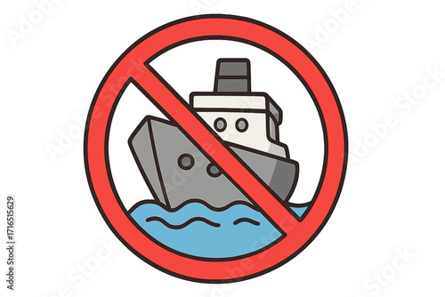 No ships warning sign. Boating forbidden icon. Maritime transport prohibited symbol. Stop cruise travel. No boats allowed on water vector. Sea navigation restriction.