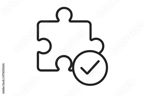Puzzle piece with check mark icon. Solution, success, completion concept. Jigsaw compatibility, integration, validation symbol. Correct addon, plugin for problem solving.
