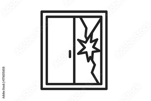 Broken window icon, shattered glass symbol. Concept of vandalism, accident, or property damage. Thin line vector for emergency services, insurance claims, home repair.