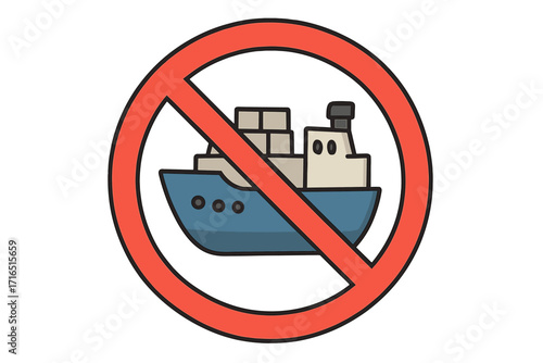No shipping vector icon. Sea transport forbidden sign. Maritime restriction symbol. No ships or boats allowed. Stop sea freight and cargo delivery. Embargo concept design.
