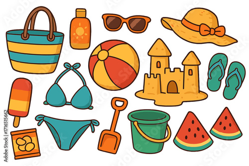 Cute summer beach icon collection. Cartoon vector doodle set of vacation and holiday travel items. Sandcastle, bikini, ball, sunglasses, hat, ice cream, watermelon isolated.