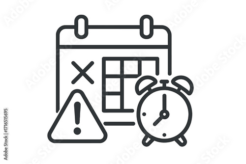 Deadline warning icon. Missed appointment, time management problem. Schedule error, expiration date concept. Calendar with alarm clock, attention sign. Important reminder symbol.