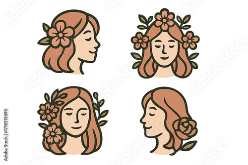 Woman face with flowers in hair logo set. Beauty salon and spa icon collection. Feminine, natural, organic cosmetic brand symbol. Vector line art illustration concept.