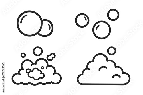 Soap bubble and foam icon set. Clean line art vector for washing, hygiene, and cleaning concepts. Suds, lather, fizz, and effervescent symbols. Simple outline illustration.