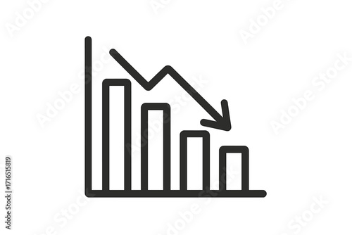 Decrease icon. Financial crisis chart. Graph with arrow down. Concept of business failure, investment loss, and recession. Economic problem analysis. Stock market decline vector.