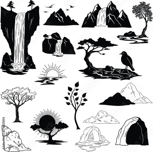 Black and white nature landscape vector set with mountains, waterfalls, trees, birds, sun, rocks, caves, and scenic outdoor elements illustration