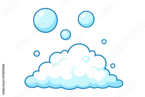 Cartoon soap foam and bubbles vector illustration. Isolated suds lather for washing or cleaning concept. Blue water bubble icon set for bath, shampoo or laundry design.