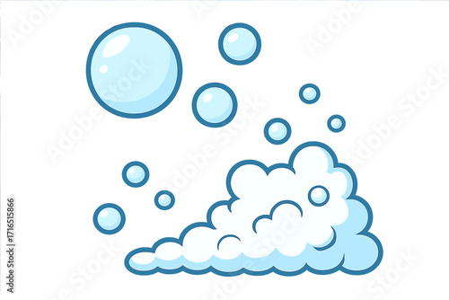 Soap bubbles and foam lather vector illustration. Blue cartoon suds for cleaning or washing concept. Effervescent fizzy air bubbles isolated on a white background.