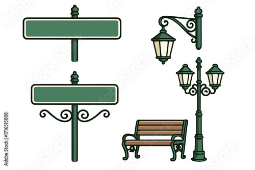 Yogyakarta city landmark street furniture vector collection. Icon set of classic Malioboro park bench, vintage green lanterns, ornate lamp posts, and blank road signs. Cartoon illustration.