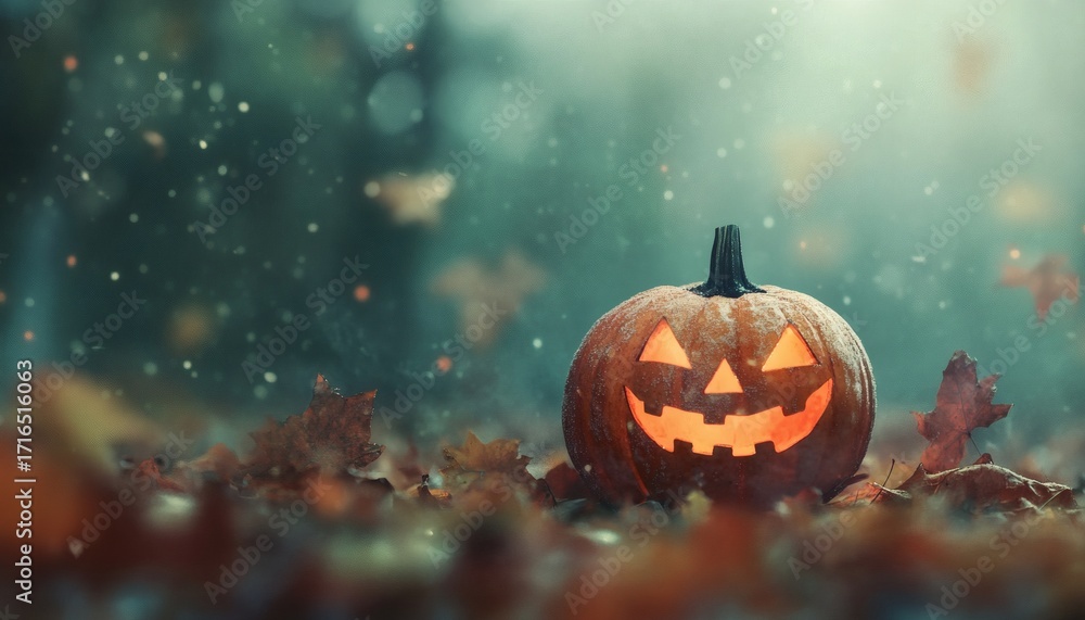 Fototapeta premium A carved pumpkin with a lit candle inside sits among fallen brown leaves, lightly covered in snow, in a blurry forest background.