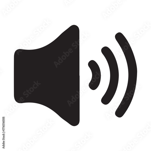 Simple black silhouette of a speaker icon with sound waves emanating outwards indicating audio output or volume
