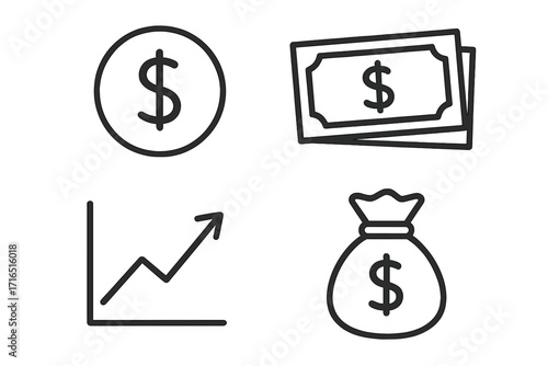 Finance line icon set. Money concept illustration. Vector icons of dollar coin, cash banknotes, growing graph chart, and money bag. Business investment, profit, and savings.