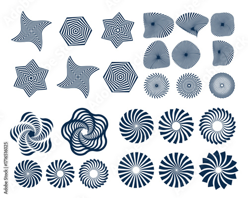 Spiral and swirl motion twisting circles design element set. Vector illustration