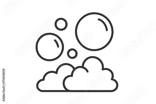 Soap bubbles and foam suds minimalist outline icon. Vector illustration for concepts like washing, cleaning, hygiene, laundry, bath, shampoo, and effervescent fizzy drinks.
