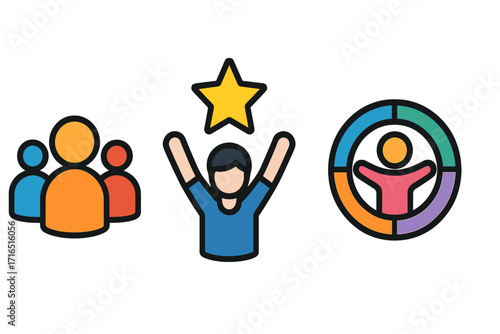 Vector icon set for business concepts. Community, achievement, and inclusivity symbols. Teamwork, success, and diversity icons for corporate presentations and web design.