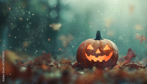 A carved pumpkin with a lit candle inside sits among fallen brown leaves, lightly covered in snow, in a blurry forest background.