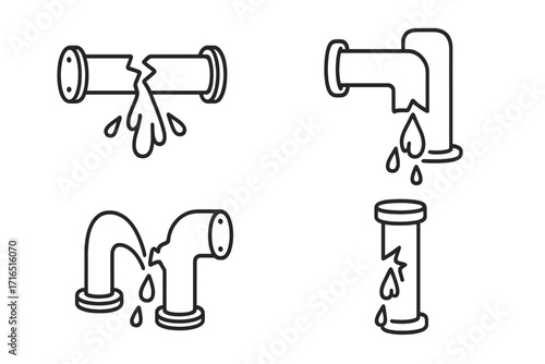 Broken pipe icon set with water leak. Burst pipeline, plumbing problem, water damage concept. Leaking tube, dripping drops, cracked pipe. Vector outline illustration.