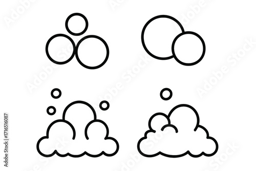 Bubble and foam outline icon set. Suds and soap lather vector illustration. Water, cleaning, washing, and bath symbols. Effervescent, carbonated drink air bubbles graphic.
