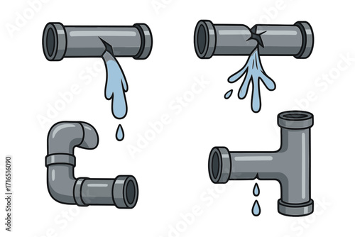 Broken pipe set vector cartoon illustration. Leaking water from burst pipeline. Plumbing problem, damage, and emergency repair icon concept. Waterworks crack and drip.