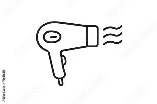 Hair dryer thin line icon. Vector illustration for web, apps, and print. Blow dryer symbol for beauty salon, hairdressing, and personal grooming. Hot air styling tool.