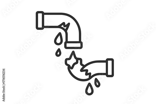 Broken pipe line icon. Water leak, leakage, burst pipes, and plumbing problem concept. Damaged pipeline, drain system, or waterpipe repair service symbol for web. Vector outline illustration.