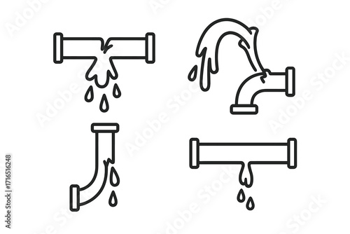 Set of broken pipe icons. Leaking water tube, burst pipeline, dripping faucet. Plumbing problem, water damage concept. Vector line art illustration for emergency services.