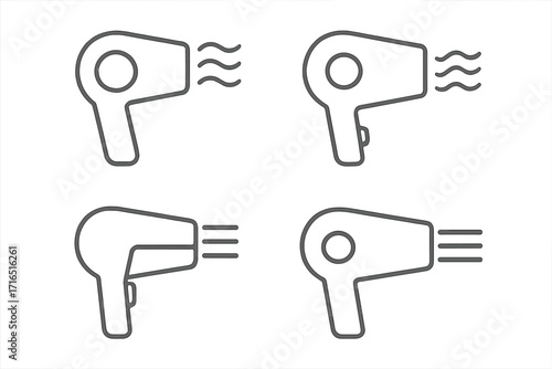 Hair dryer icon set. Line art vector illustration for beauty salon, hair care, and styling. Minimalist outline symbol of blow dryer appliance for web and mobile apps.