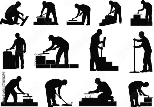 Masonry, Construction, Worker, Silhouette, Bricklaying, Trowel, Manual, Labor, Grid, Blackwhite, Tool, Posture, Technique, Safety, Equipment, Task, Concrete, Structure, Alignment, Effort