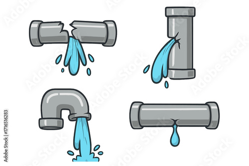 Broken pipe with water leak vector cartoon set. Plumbing damage, burst pipeline, and water leakage icons. Symbol for emergency plumbing service and water damage repair concept.