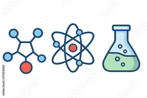 Science icon set vector. Chemistry, physics symbols. Atom, molecule, chemical compound. Laboratory flask for experiment, research. Nuclear particle, electron structure.