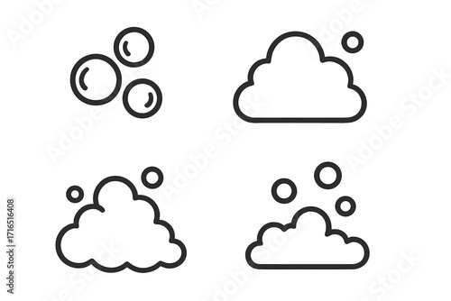 Bubble and foam thin line icon set. Soap suds, lather, and fizzy pop symbols. Vector illustration for cleaning, washing, hygiene, laundry, bath, or shampoo concept.