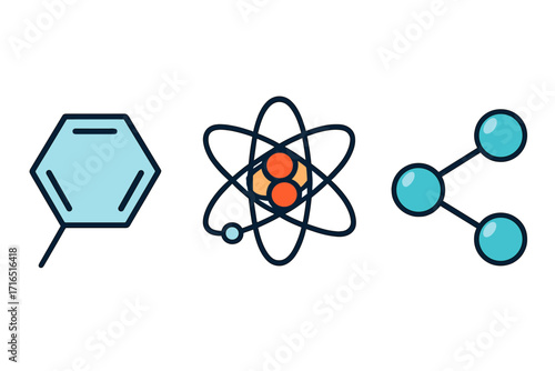 Science icon set with atom, molecule, and chemical compound. Vector illustrations for chemistry, physics research. Atomic structure, benzene ring, and molecular network symbols.