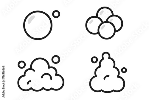 Bubble and foam simple line icon set. Soap suds and lather vector illustration collection. Minimal outline cartoon graphic for web, app, cleaning. Water, wash, fizzy pop.